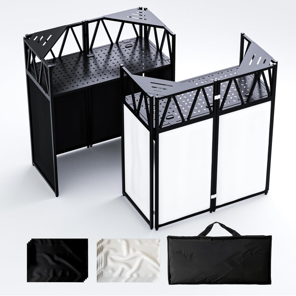 Portable DJ Booth Table,Foldable DJ Table Stand Portable with White & Black Scrim,Adjustable DJ Facade Table Station Triangle Plate Metal Frame DJ Table with Cable Hole for Private Events, Clubs, Bars