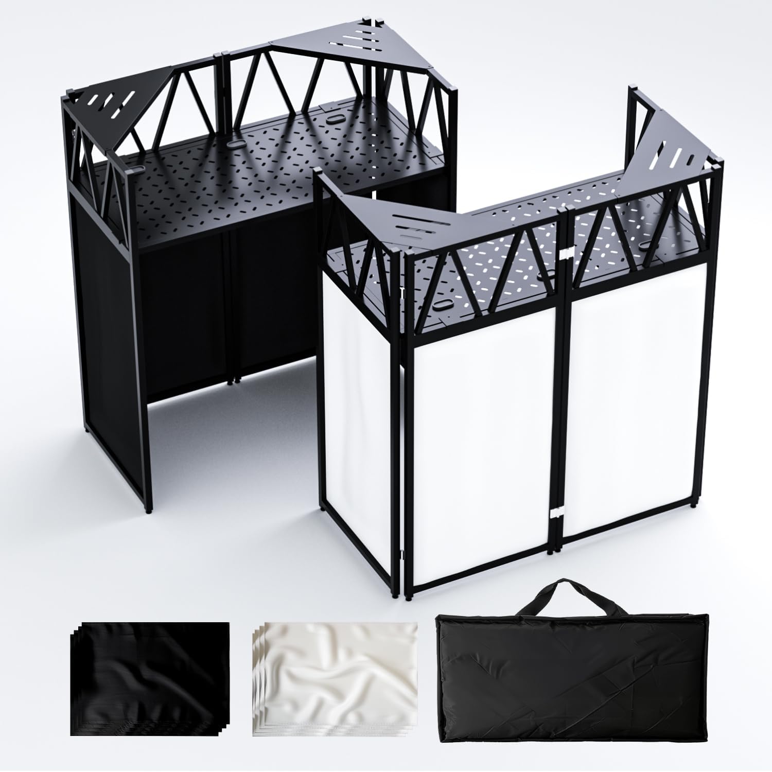 Portable DJ Booth Table,Foldable DJ Table Stand Portable with White & Black Scrim,Adjustable DJ Facade Table Station Triangle Plate Metal Frame DJ Table with Cable Hole for Private Events, Clubs, Bars