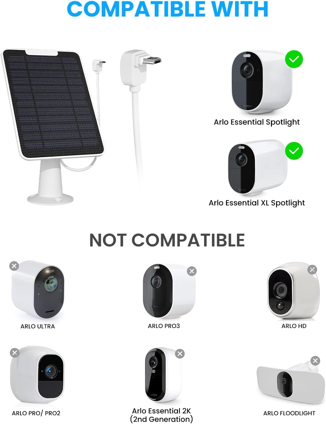 5W Arlo Solar Panel Charger Compatible with Arlo Essential Spotlight/XL Spotlight Camera, Arlo Essential Solar Panel Charger w/ 10ft Waterproof Micro USB Charging Cable, Adjustable Wall Mount, 1 Pack