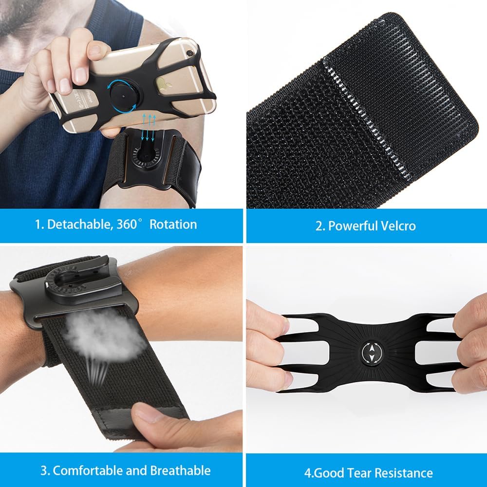 Running Armband Phone Holder, Arm&Wrist Phone Holder with 2 Different Lengths Strap Fit for Men Women Keep Your Phone Secure, Separable 360°Adjustable Phone Armband for Workout Running Jogging