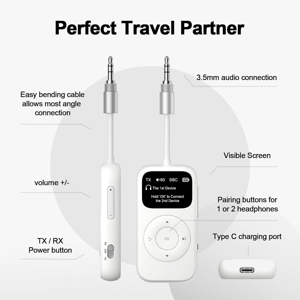 SoundSync Pro Bluetooth Transmitter & Receiver for Airplane, Easy Setup Bluetooth Audio Transceiver for 2 BT Devices, Volume Control, RCA for TV