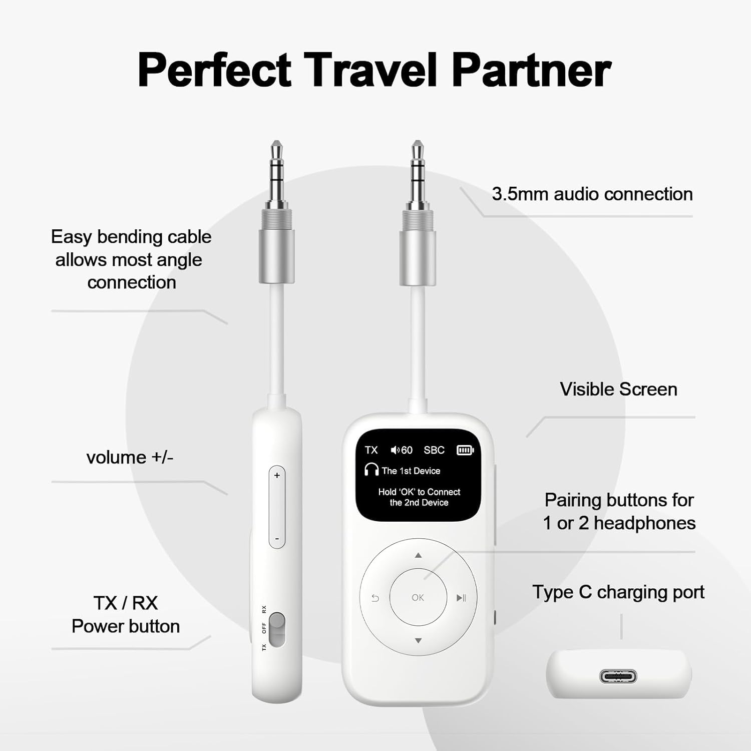 SoundSync Pro Bluetooth Transmitter & Receiver for Airplane, Easy Setup Bluetooth Audio Transceiver for 2 BT Devices, Volume Control, RCA for TV