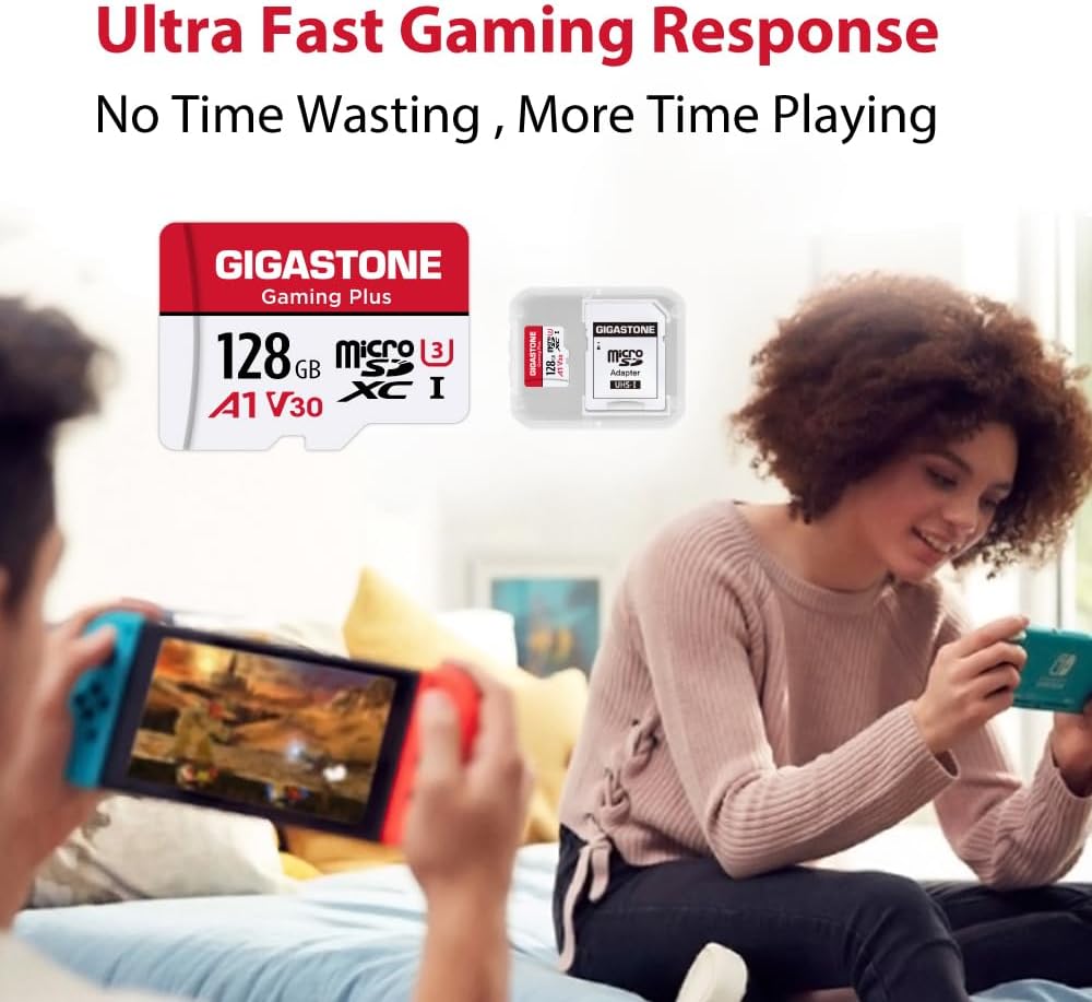 GIGASTONE 128GB Micro SD Card with USB Type C Card Reader, Gaming Plus, MicroSDXC Memory Card for Nintendo-Switch 1, 4K Video Recording, UHS-I A1 U3 V30 C10, up to 100MB/s, with Adapter