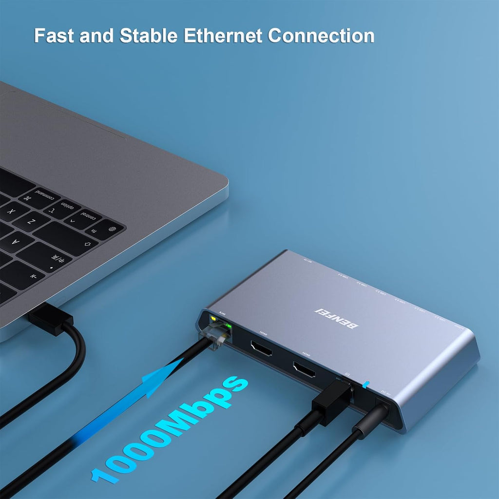 BENFEI 12-in-1 USB Type-A/USB Type-C Docking Station with Dual HDMI Display/6*USB Ports/SD/TF Card Reader/Gigabit Ethernet Network/3.5mm Female Headphone Jack Compatible with Windows and Mac