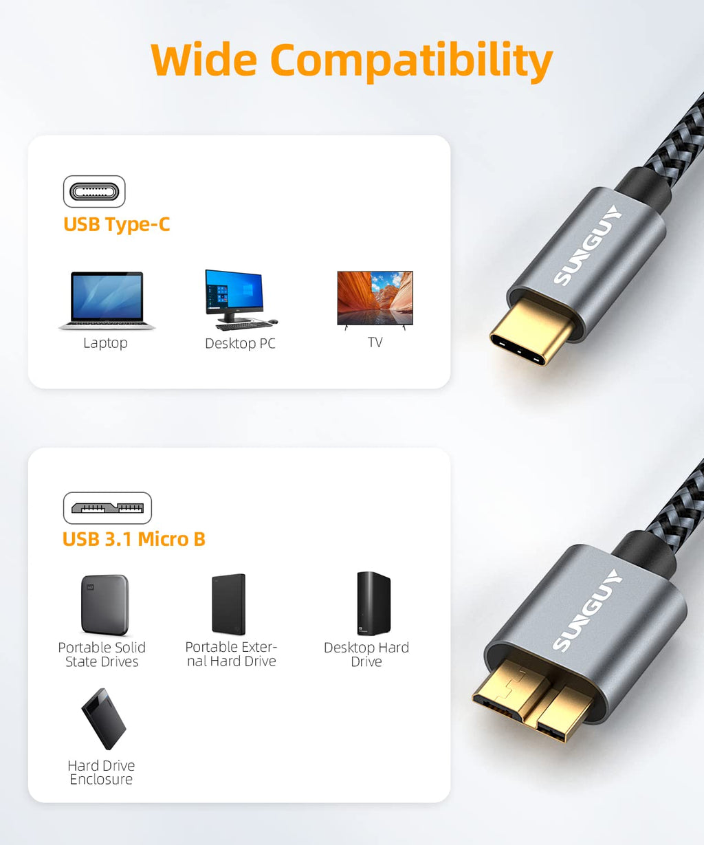 SUNGUY 5Pack 10Gbps Micro B to USB C Hard Drive Cable 1FT, USB 3.1 USB C to Micro B Cable, High-Speed External Hard Drive USBC Cord for iPhone 15, MacBook Pro/Air, WD Toshiba Westgate Seagate