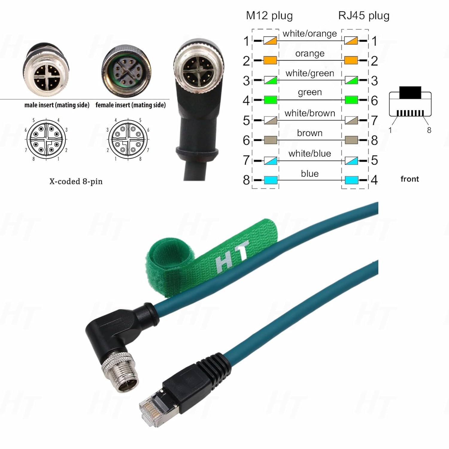 M12 GigE Ethernet 8 Pin X-Code RJ45 Cable CAT7e for Cognex Basler Baumer Sick Keyence Datalogic Microscan Vision Camera Sensor Reader, Right Angle 90-Degree (20m)
