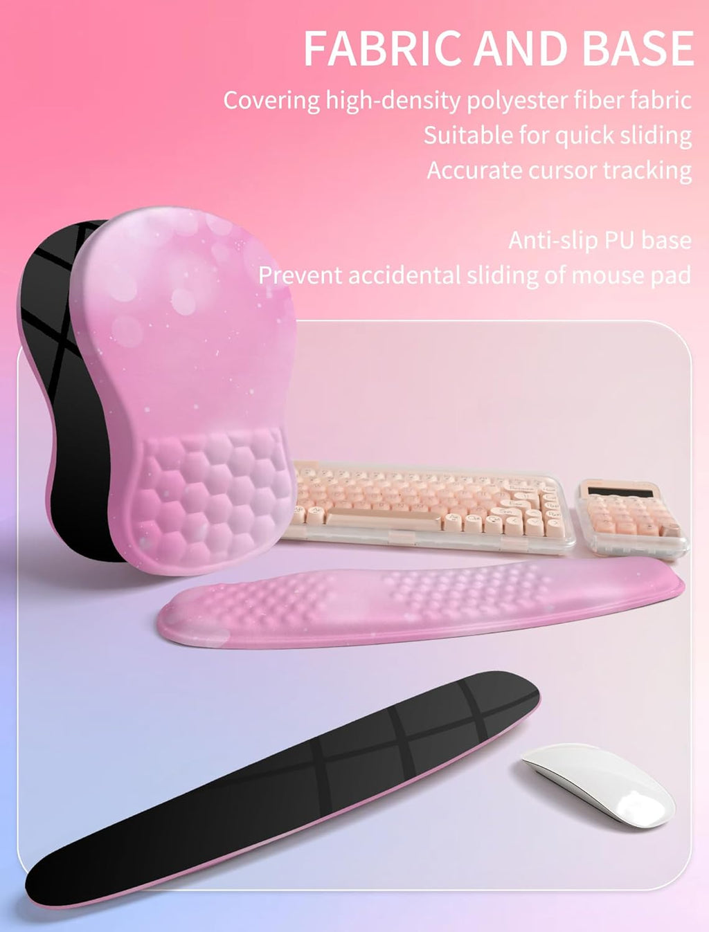 Hokafenle 2in1 Combination, Wave Keyboard Wrist Rest and Ergonomic Curvature Mouse Pad Wrist Support for Relieve Wrist Pain, Filled with Soft Cushion Memory Foam, Romantic Pink