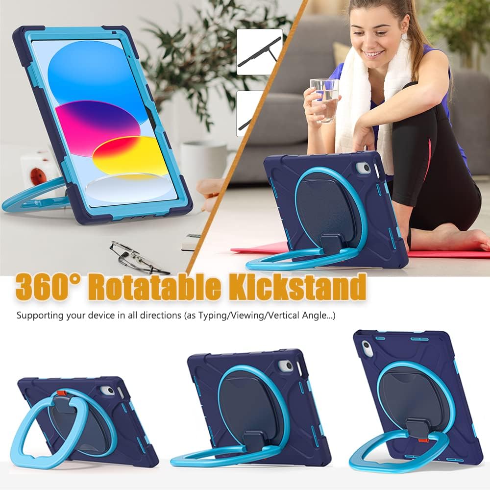 SCSVPN Case for iPad (A16) 11th Generation 11-inch 2025/10th Generation 10.9 Inch 2022, Full Body Shockproof Protective Cover with Pencil Holder, Rotating Stand & Handle, Shoulder Strap - Navy Blue
