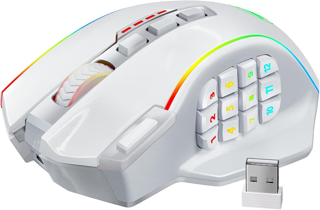 Redragon Wireless Gaming Mouse, MMO Gaming Mouse UP 16,000 DPI, 16 Macro Programmable Buttons, RGB Rechargeable Mouse with 12 Side Buttons, 70Hrs for PC Laptop MOBA FPS, White,M901P-WS