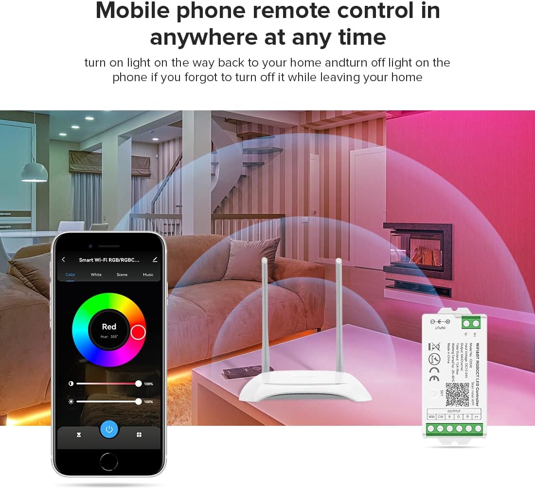BTF-LIGHTING C05W RGBCCT PWM SMD FCOB (+ R G B C W) 6PIN LED Strip 2.4GHz Tuya WiFi Group Controller Alexa Google Home Control Match with WR01RF RC03RFB RC04RFB RC05RFB Remote