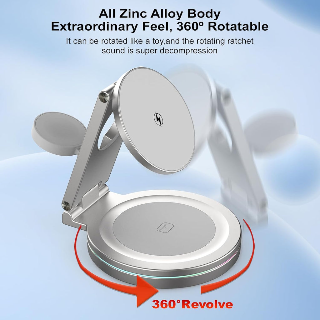 Foldable 360º Rotatable Zinc Alloy 3-in-1 Magnetic Wireless Charger,3 in 1 Charging Station,Charging Stand,15W for iPhone 12-16,for Apple Smartwatches, AirPods (Adapter Included) (White)