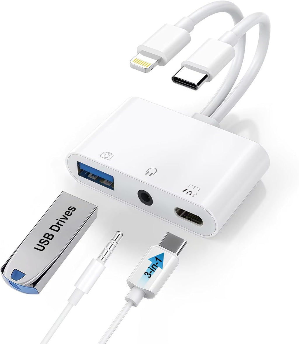 USB-C & Lightning to 3.5mm Headphone Adapter, 3-in-1 USB OTG Camera Adapter & Aux Headphone Splitter, Supports Charging/Audio/Data Transfer for iPhone 16/15/14/13/12, Samsung Galaxy S25/24, Laptops