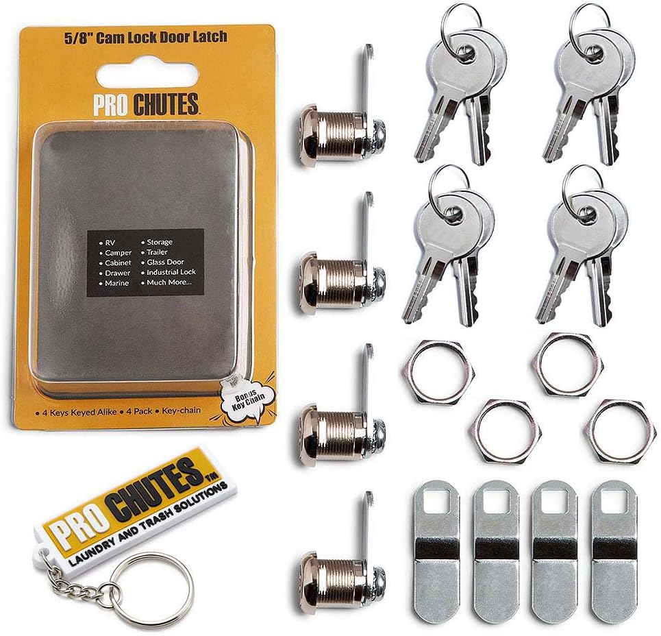 Cabinet Cam Lock - 5/8" Pack of 4 Cabinet Locks with Keys for RVs, Drawer Lock Including 4 Cylinder Round Face Tool Box Locks, 4 Straight & 4 Offset Cams, 4 Alike Keys with Bonus Key Chain