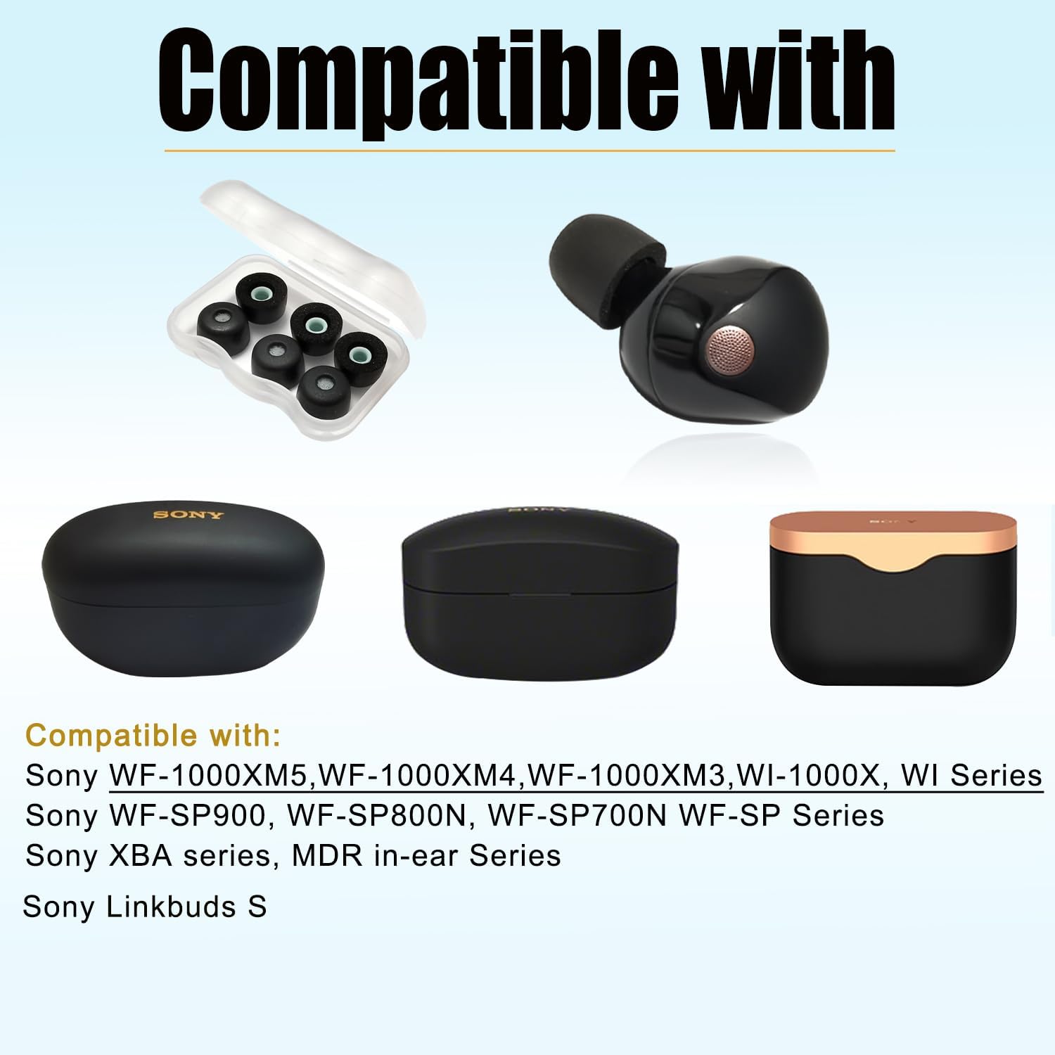 Memory Foam Ear Tips for Sony WF-1000XM5 Filter Screen Earbuds Tips for WF-1000XM5 WF-1000XM4 Earbuds Case, 3 Pairs Large Black