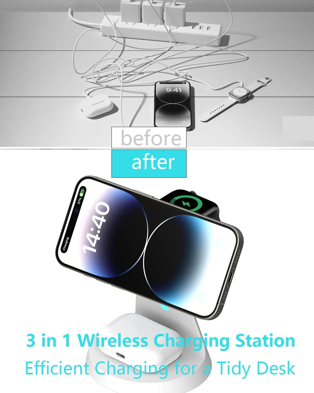 Wireless Charger Compatible with Mag-Safe,3 in 1 Charging Station for iPhone16/15/14/13/12 Series, Apple Watch,AirPods,and More,15W Fast Charging (USB-C Adapter Included)
