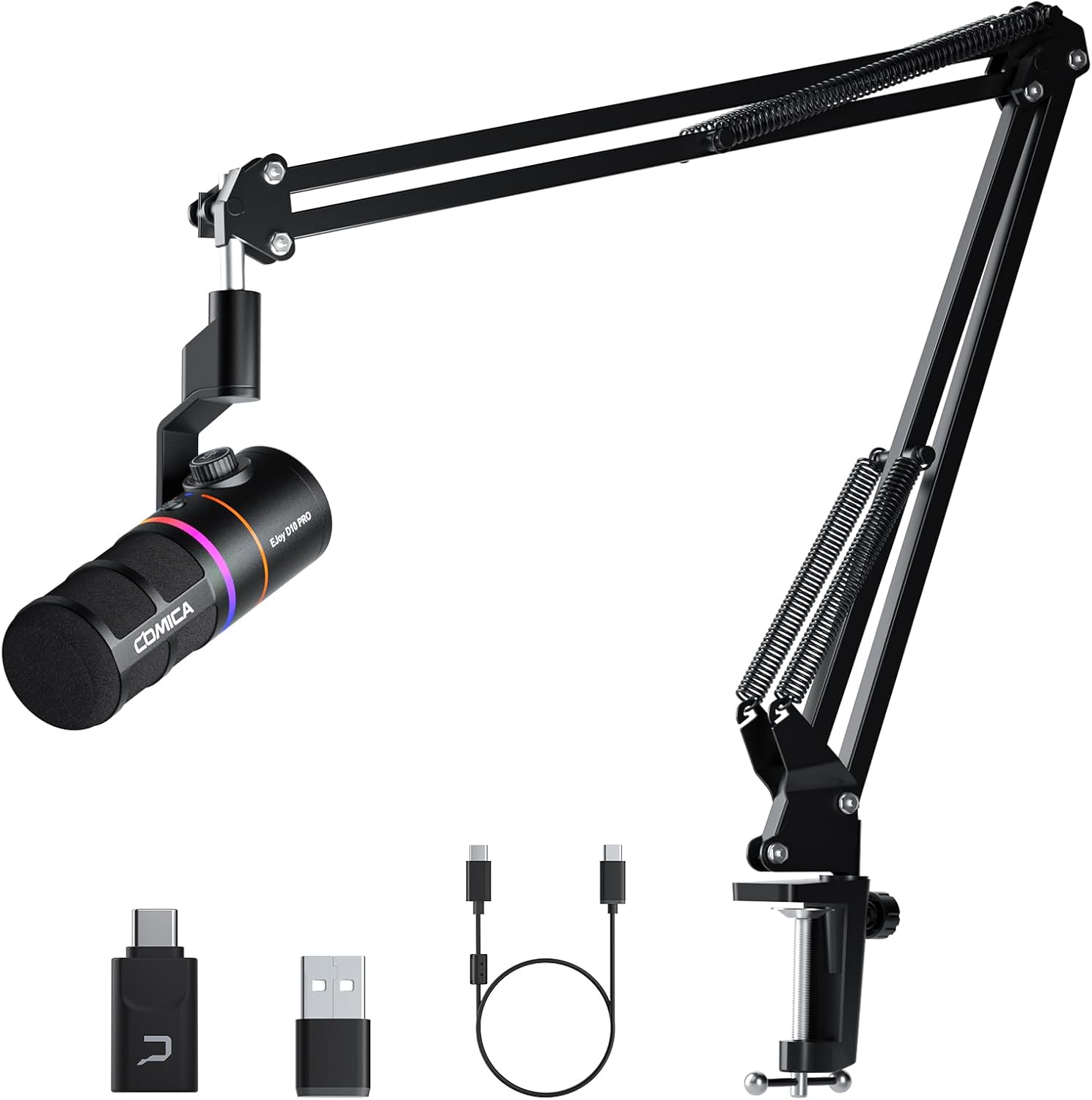 EJoy D10 PRO(A) USB Wireless Gaming Microphone – Boom Arm Mic with Wired/Wireless Modes, XLR/USB-C, Real-Time Monitoring, 45H Battery, RGB Dynamic Mic for Gaming, Streaming, Podcast, Recording (Black)