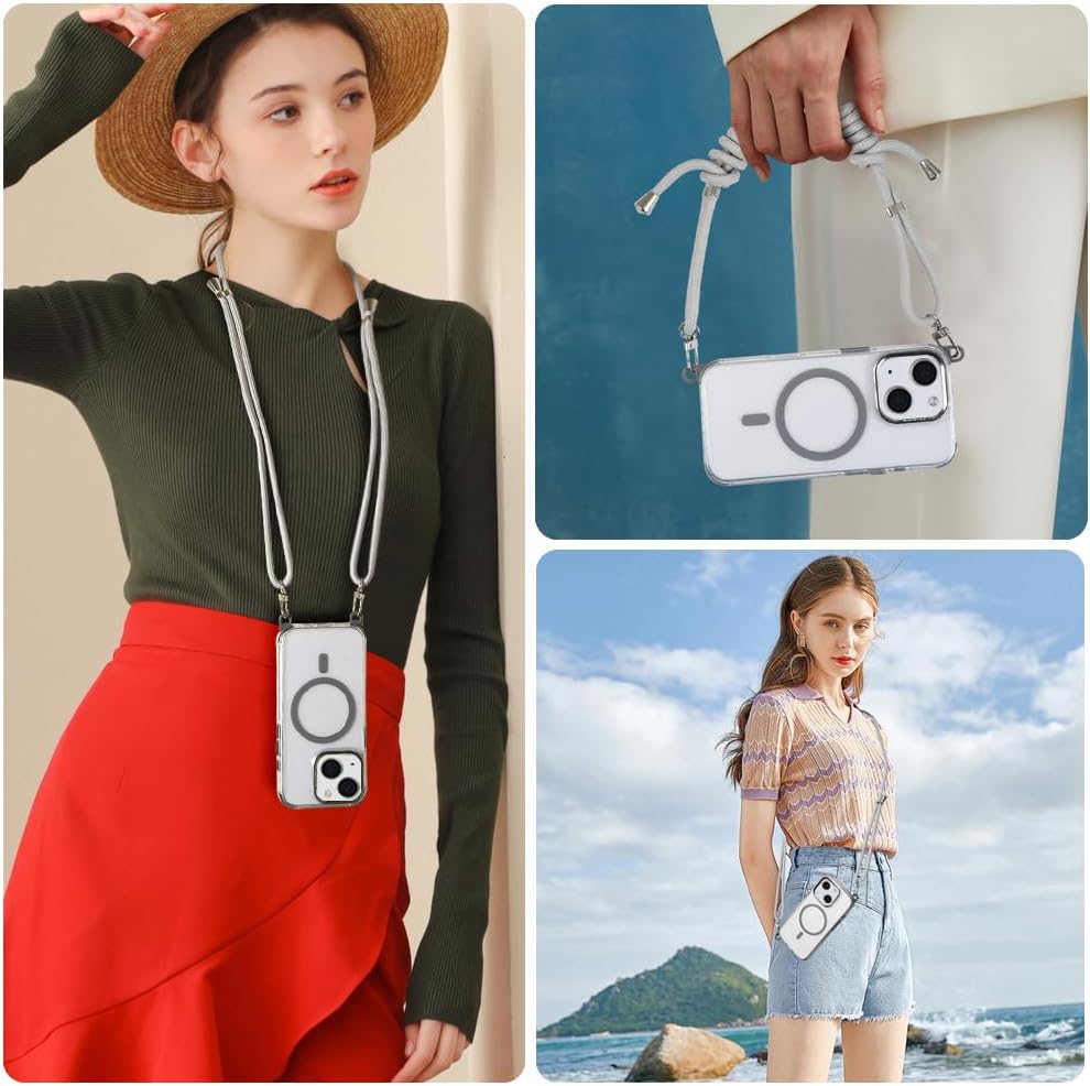 for iPhone 13/14 Case with 62.99 inch Lanyard, Classic Clear&Gray Magnetic Phone Case, Drop&Shockproof Protection Cases, Phone Lanyard for Around The Neck, Compatible with Magnet Accessory