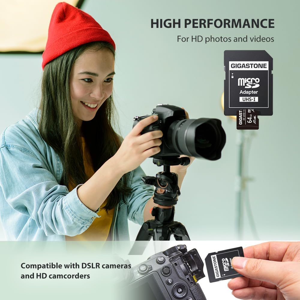 GIGASTONE 64GB Micro SD Card 2-Pack, A1 V30 4K Video Recording, Surveillance Security Cam Action Camera Drone Professional, 90MB/s Micro SDXC UHS-I U3 Class 10