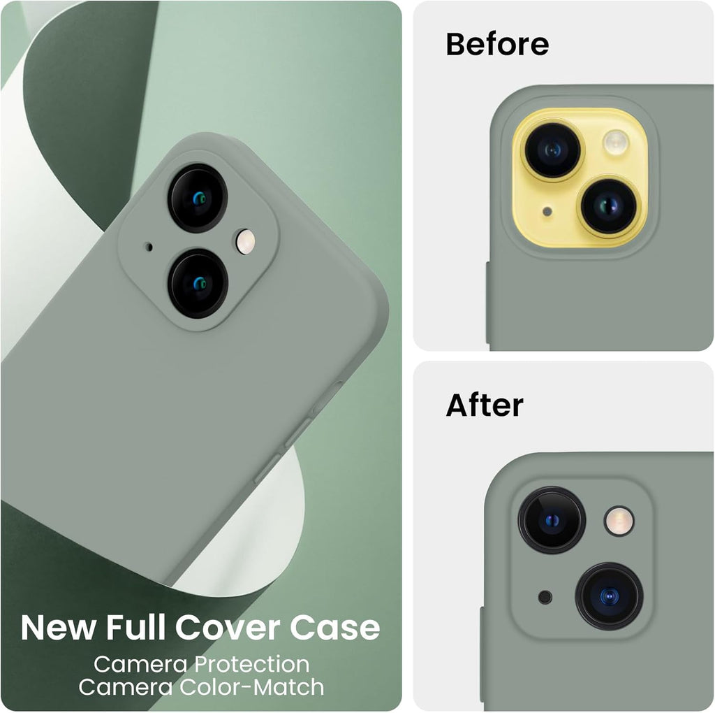 FireNova Designed for iPhone 14 Case, Silicone Upgraded [Camera Protection] Phone Case with [2 Screen Protectors], Soft Anti-Scratch Microfiber Lining Inside, 6.1 inch, Calke Green