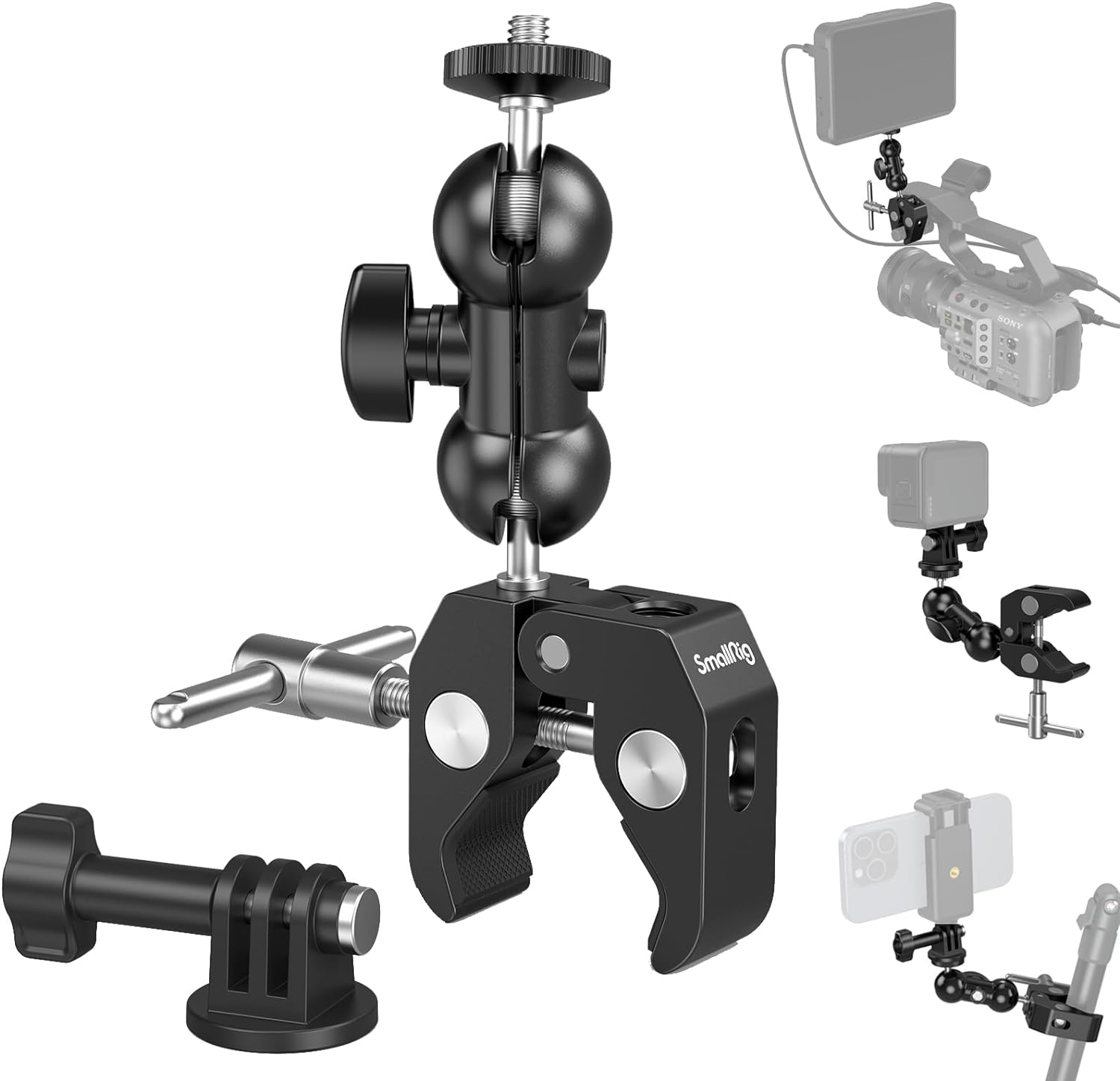 SMALLRIG Super Camera Clamp Mount, Double Ball Head Magic Arm Adapter, Fence/Desk/Tripod Mount for Monitor/Light/Camera, for Insta360, for Gopro