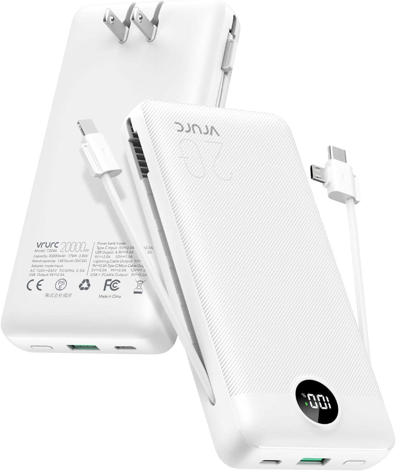 VRURC Power Bank 20000mAh, Fast Charging Portable Charger USB C,4 Output 2 Input Travel Essentials Charging Bank Equipped with LED Display,Built-in Wall Plug and Cables,Phone Charger Battery,White