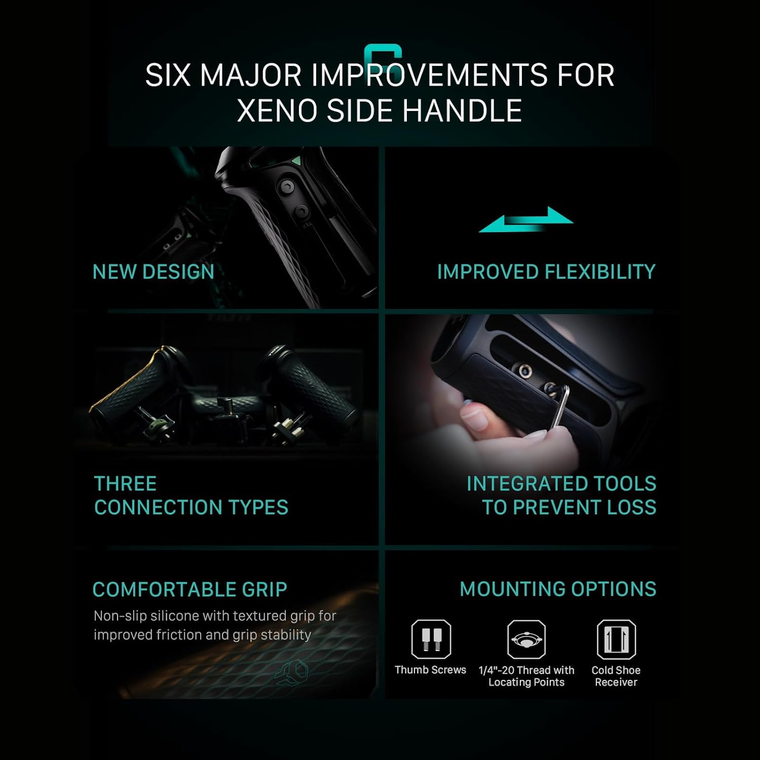Tilta Xeno Side Handle for Filmmakers & Cameras - Black | Secure Connection & Helps Prevent Rotation | Adjustable Height | Textured Silicone Grip | Convenient Assembly (1/4"-20 w/Locating Pins)