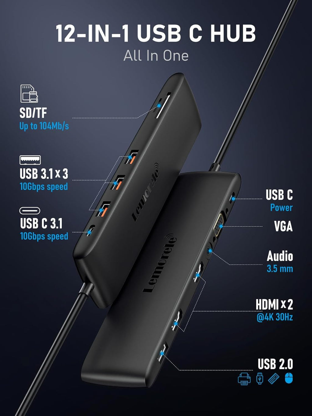 Lemorele USB C Dual Monitor Docking Station for Dell/HP/Lenovo/Surface Laptop, 12 in 1 Triple Display Multiport Hub Adapter w/2 HDMI 4K+VGA+10Gbps 2 USB3.2+2 USB2.0+100W PD+USB C Data+SD/TF+Audio