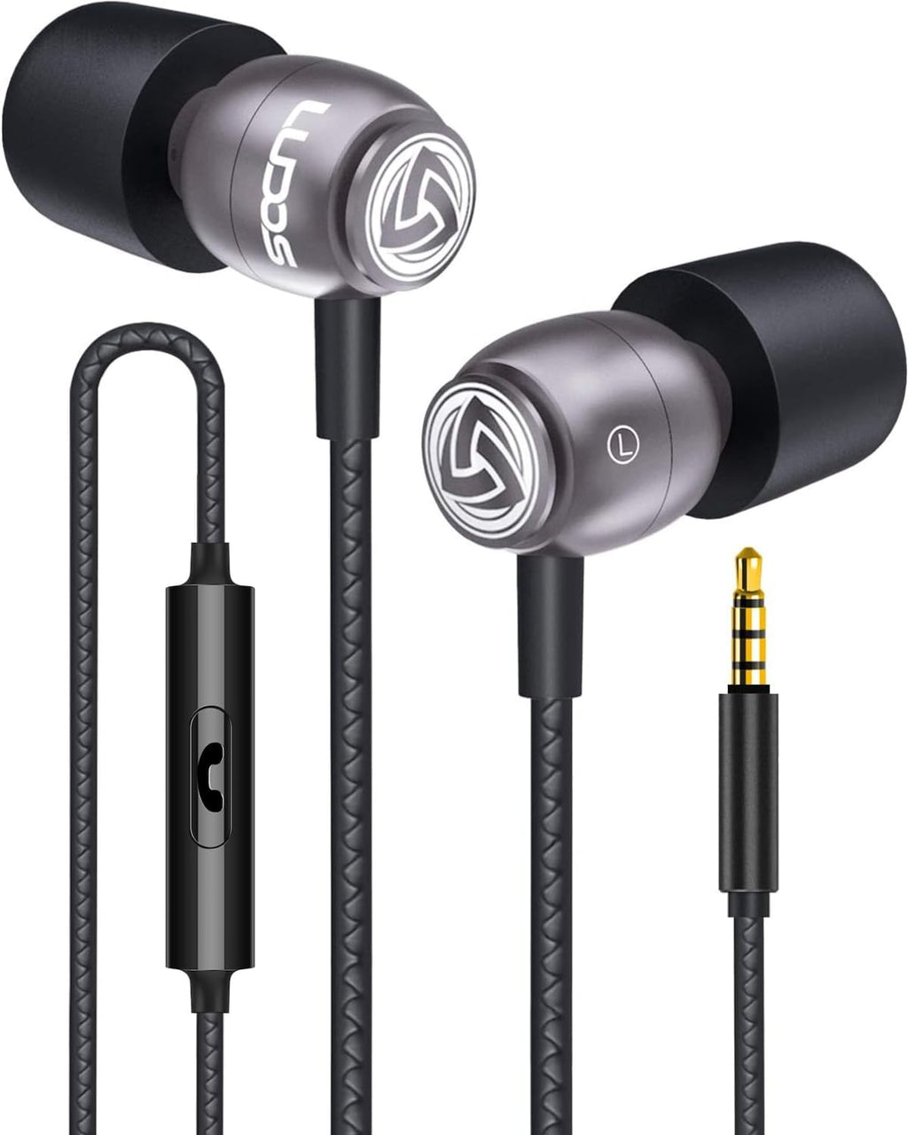 LUDOS Clamor Wired Earbuds in-Ear Headphones, 5 Years Warranty, Earphones with Microphone, Noise Isolating Ear Buds, Memory Foam for iPhone, Samsung, School Students, Kids, Women, Small Ears - Grey