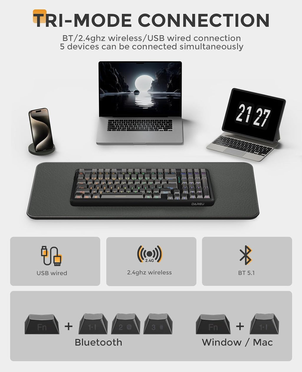 DAREU EK98PRO Wireless Mechanical Keyboard, Gasket Hot Swappable Custom, Pre-lubed Linear Switches, Side Printed PBT Keycaps, BT5.0/2.4GHz/USB-C, RGB Backlit Gaming Keyboard for Win/Mac