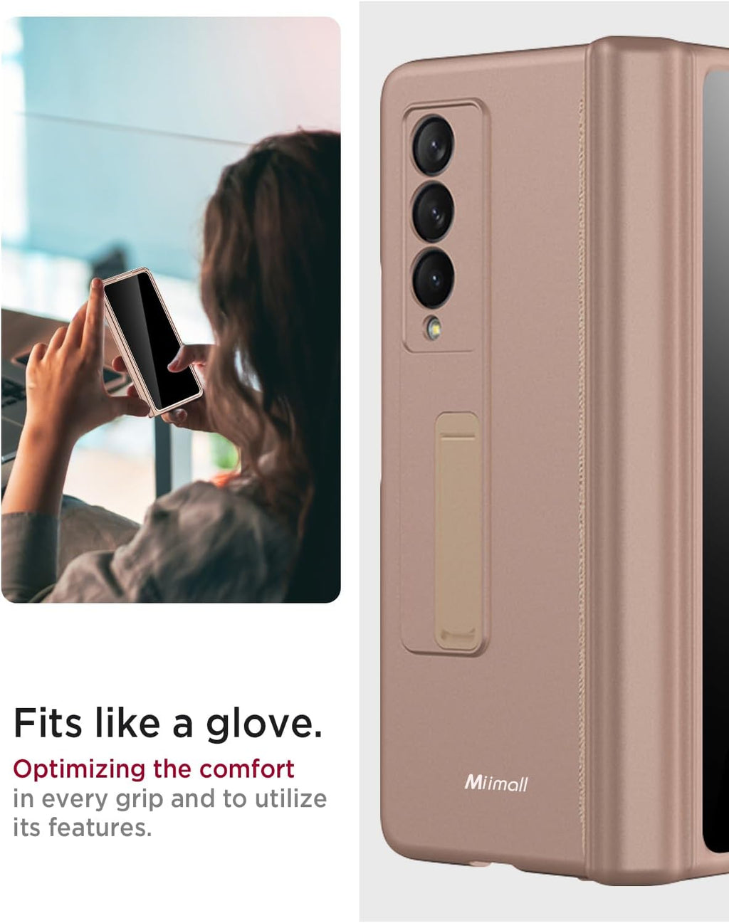 Miimall for Samsung Fold 3 Case with Privacy Screen Protector, Built-in Adjustable Kickstand & Magnetic Hinge & Camera Lens Protective All-Inclusive Phone Case for Galaxy Z Fold3 5G Champagne Gold