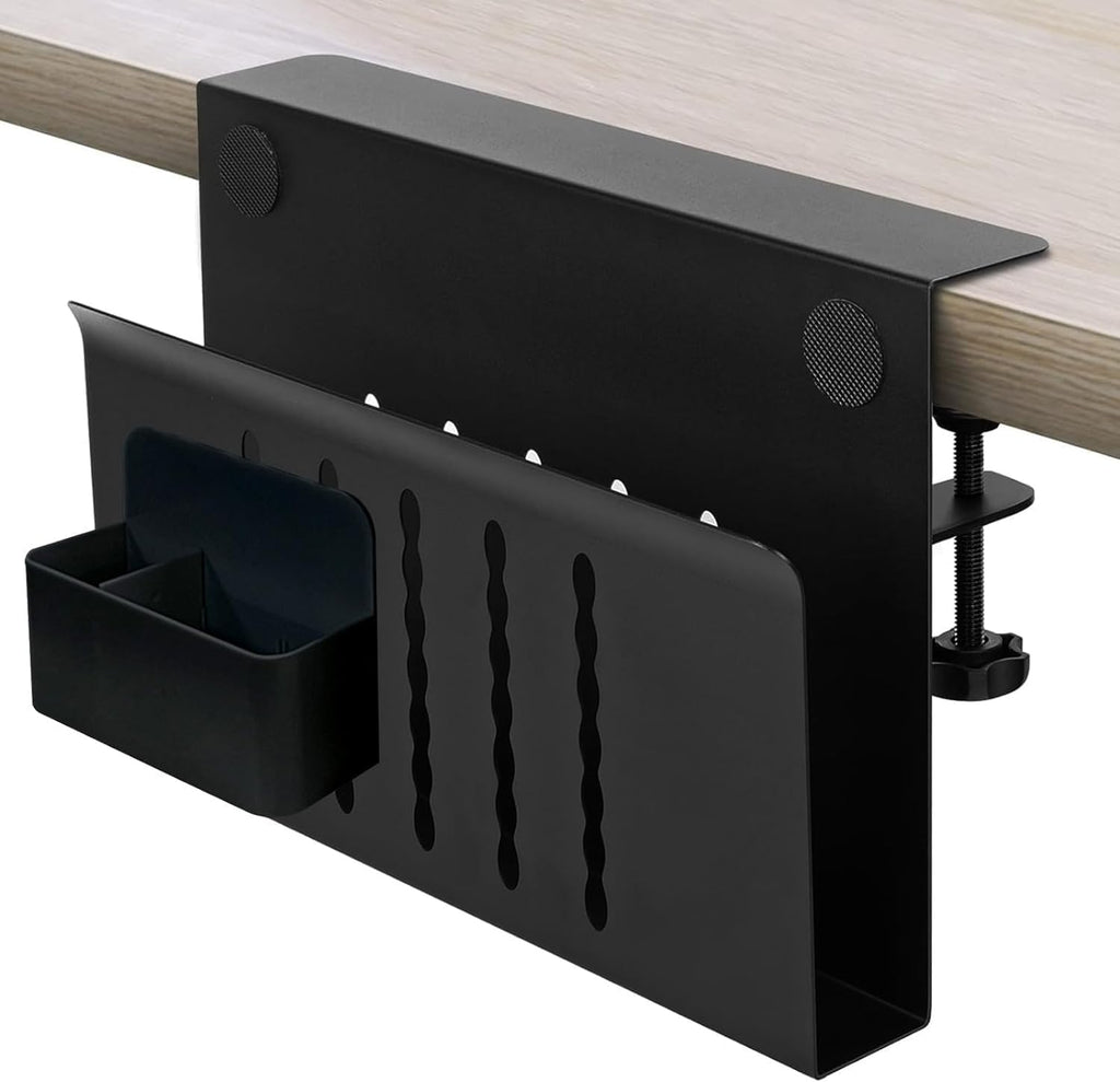 Desk Side Storage, Desk Laptop Holder with Anti-Scratch Pad & Magnetic Pen Holder, No Drill Hanging Table Organizer for Office and Home Fits Flat Edge 0.3" to 2.3"
