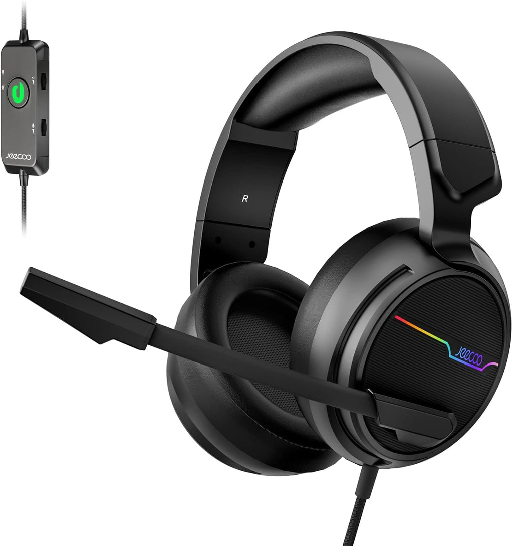 Jeecoo V20U USB Pro Gaming Headset for PC - 7.1 Surround Sound Headphones with Noise Cancelling Microphone- Memory Foam Ear Pads for Laptop Computers
