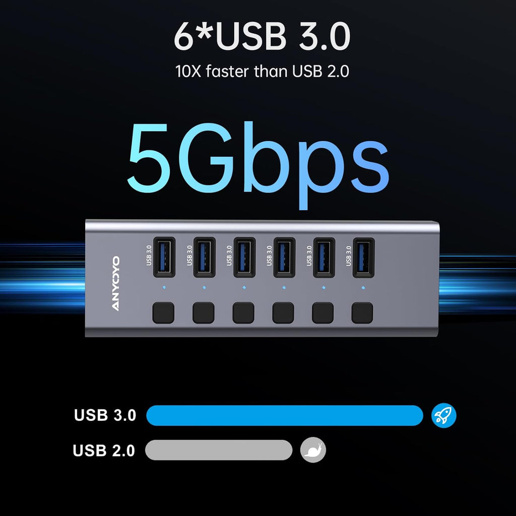 Powered USB Hub with TF/SD Card Reader, 8-Port USB 3.0 Hub with 6 USB 3.0 Data Ports, USB Spilter with Individual On/Off Switches，Aluminum USB Hub with AC Adapter for PC, Desktop, MacBook