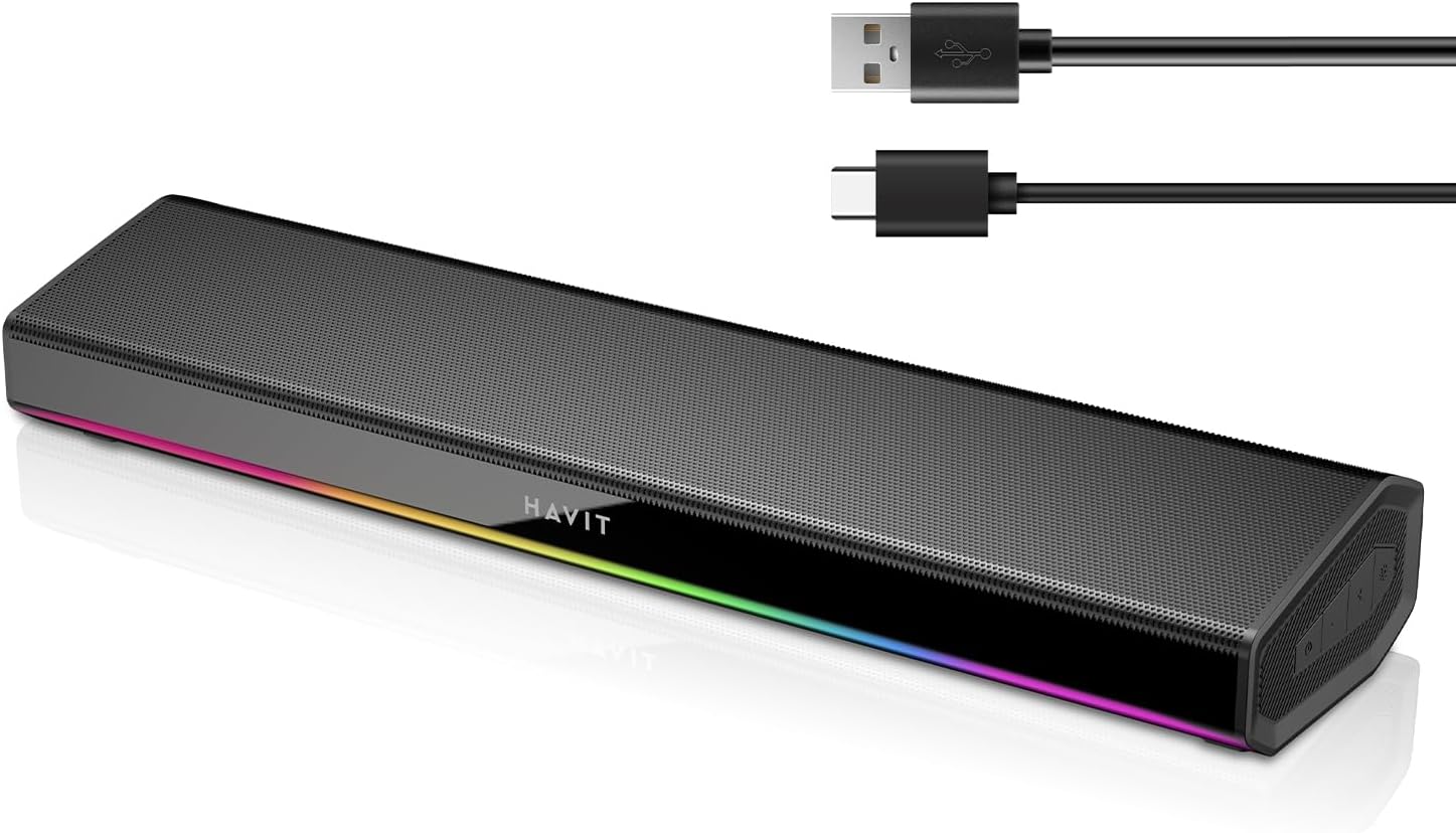 havit Computer Speakers for Desktop PC, Bluetooth 5.3 Pc Soundbar with Dynamic LED Light, HiFi Stereo, Poratble Bluetooth Speaker, Gaming Speakers for PC, Laptop,Tablet