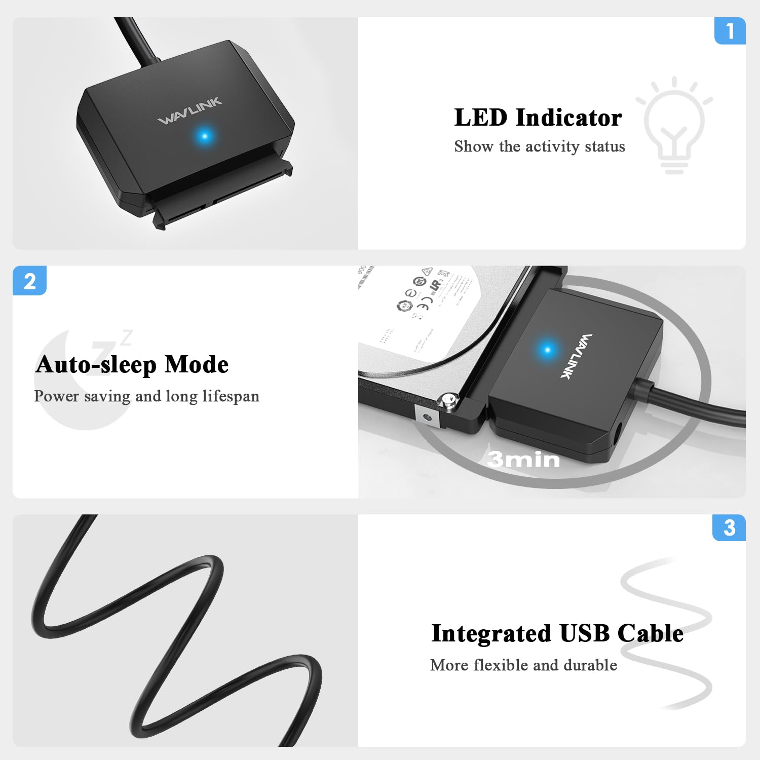 WAVLINK SATA to USB Type-A Hard Drive Cable, 5Gbps USB3.0 to Sata Cable Support UASP, External Hard Drive SATA I/II/III Connector 2.5" SSD/HDD and 3.5" HDD up to 20TB