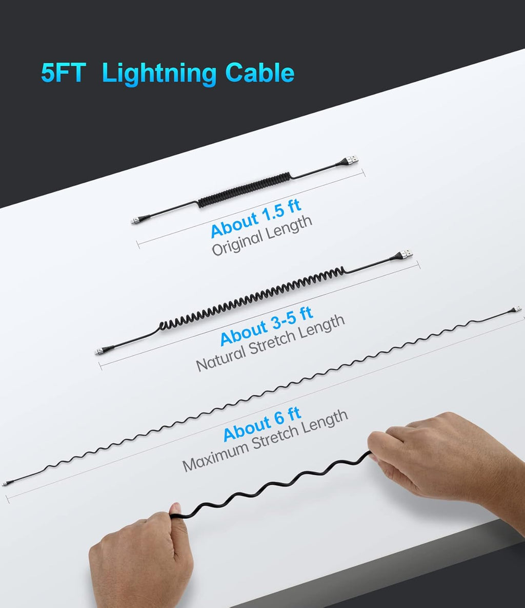 iPhone Charger Cable for Car (3FT/5FT), 2Pack Coiled Lightning Cable, [Apple MFi Certified] Retractable Charging Cord Compatible with iPhone 14/13/12/11 Pro Max/XS MAX/XR/XS/8/iPad/iPod/CarPlay