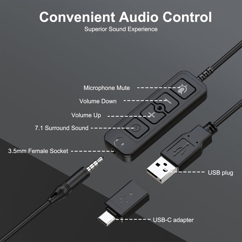 MAIRDI USB Headset with Microphone, Type-C/USB/3.5mm Jack 3-in-1 PC Headset, Computer Headset with Mic Noise Canceling for Teams Call Centers Skype Zoom Home Office Dragon Nuance Dictation