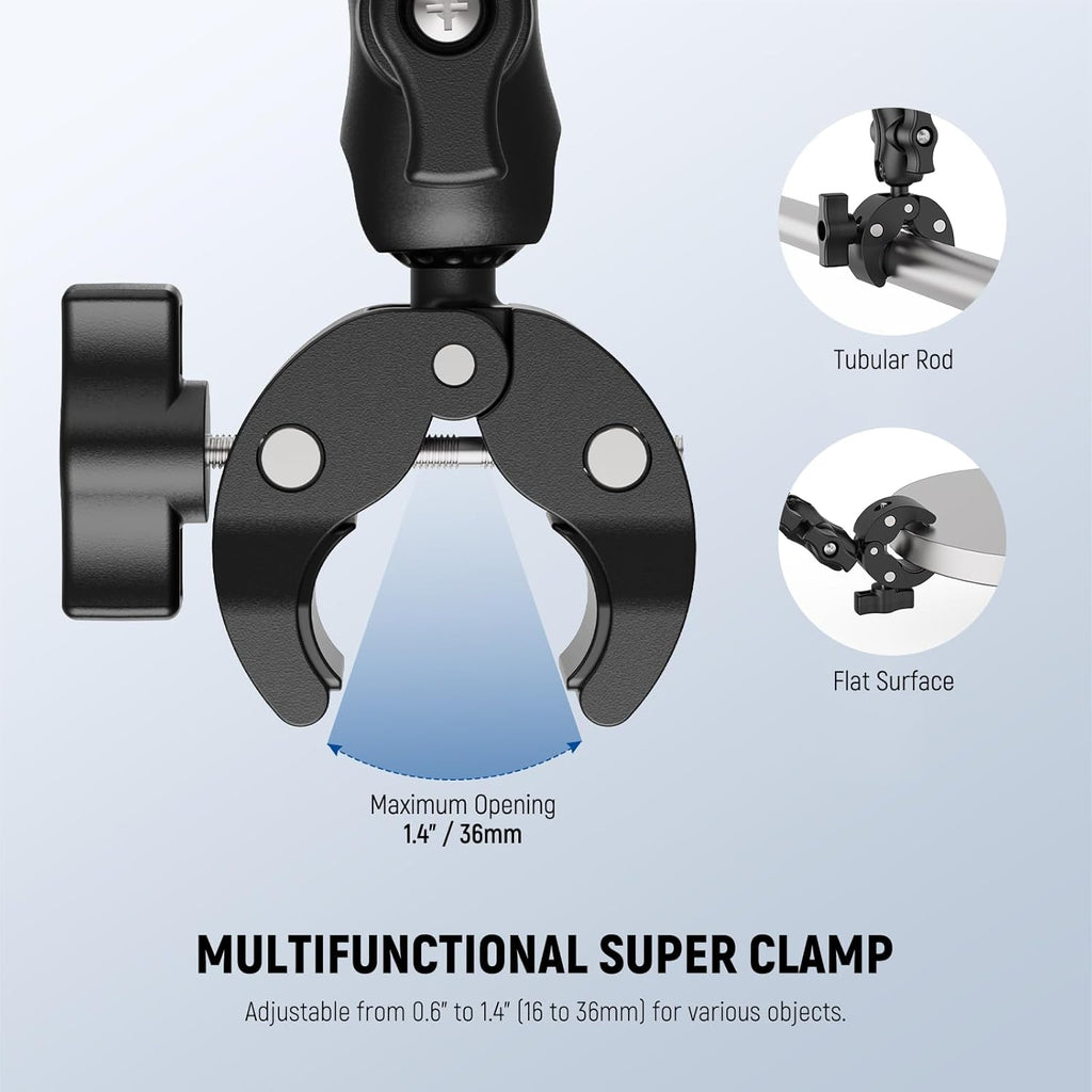 NEEWER Double Super Clamp Mount with Magic Arm, 360° Umbrella Flag Pole Clamp Holder for Desk Photo Studio Light Stand Photography Reflector Scrim Cross Bar Motorcycle Handlebar Stroller Chair, CA160