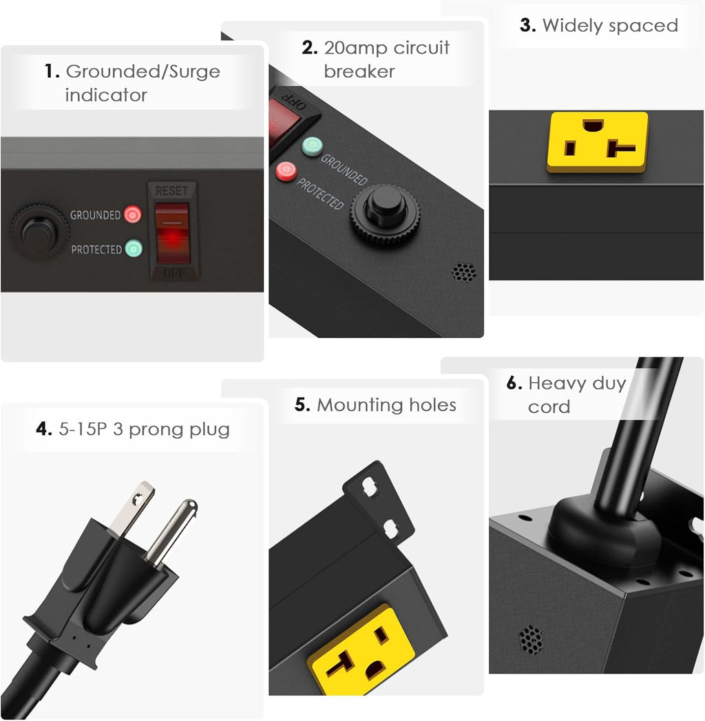 JUNNUJ Long Metal 16 Outlet Power Strip, Heavy Duty Power Strips Surge Protection 4800J with Circuit Breaker, 20a Wide Spaced Socket Wall Mount 5-15P Adapter High Amp 6-20R T-Slot 15FT Extension Cord