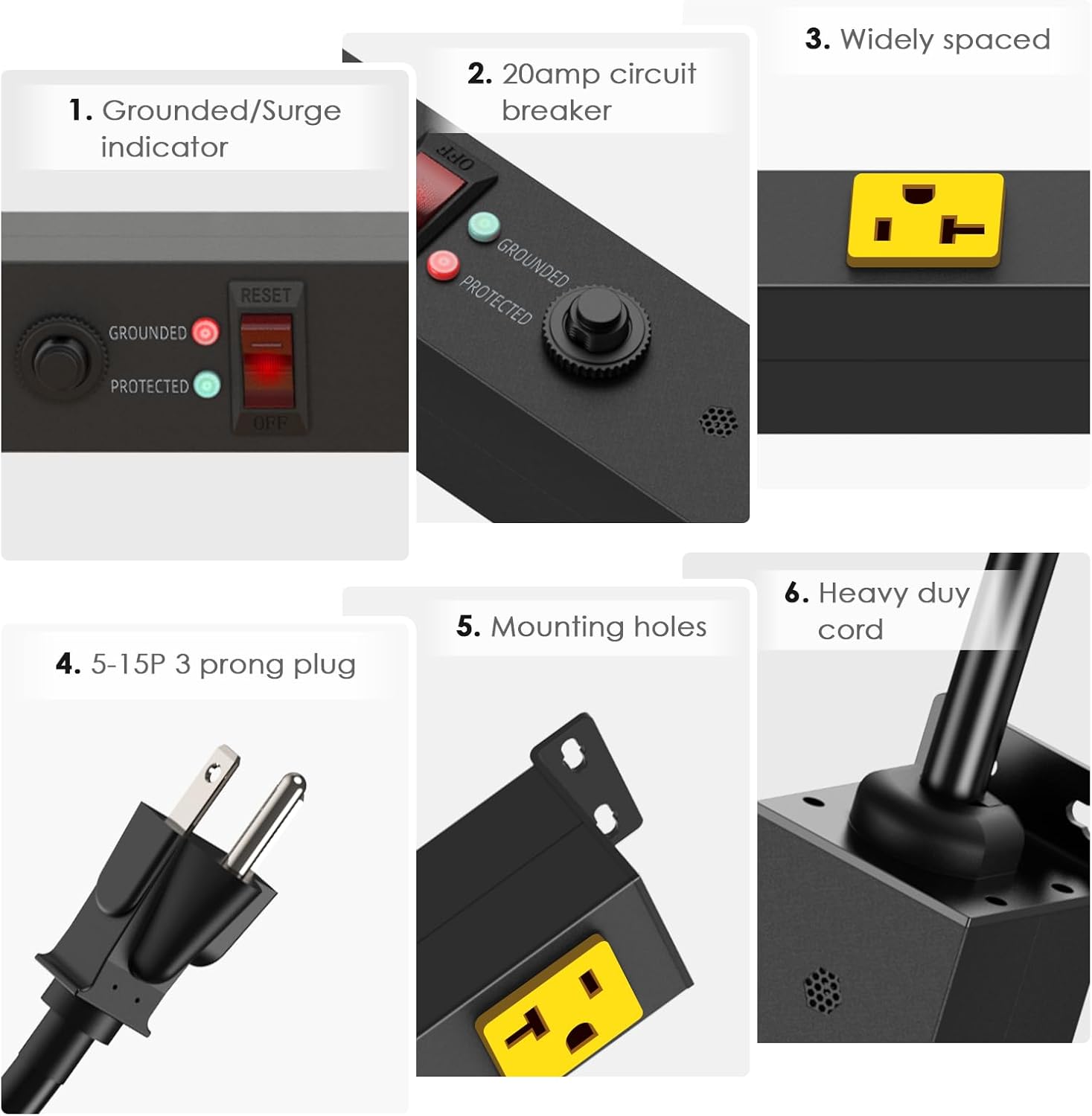 JUNNUJ Long Metal 16 Outlet Power Strip, Heavy Duty Power Strips Surge Protection 4800J with Circuit Breaker, 20a Wide Spaced Socket Wall Mount 5-15P Adapter High Amp 6-20R T-Slot 10FT Extension Cord