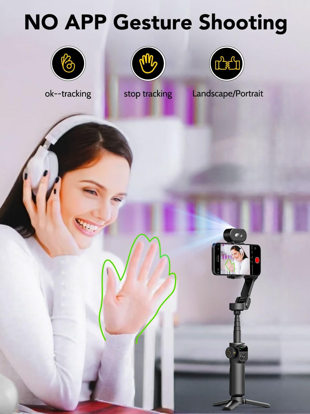 Gimbal Stabilizer for Smartphone,NO APP Tracking,20CM Extension Rod,Face & Object Tracking stabilizer for iPhone & Android,3-Axis OLED Gimbal for Video Recording-AOCHUAN Smart X2AI Black