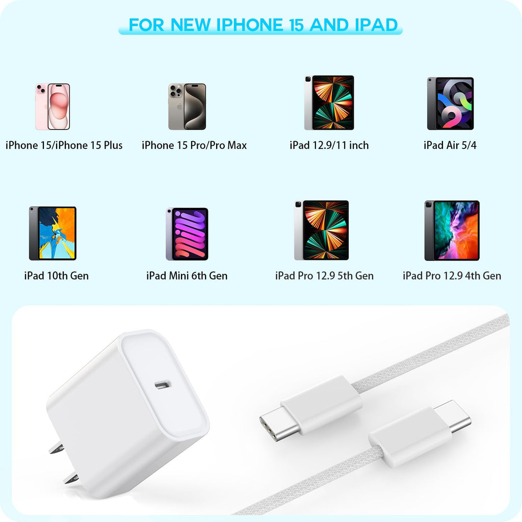 10FT Woven Cable for Apple 16 15, 60W 10Foot USB C to Type C Braided Charger Cable Cord & 20W USB C Charger Block Cube Travel Plug Super Quick Charging for iPhone 16 15/16 15 Plus/Pro/Pro Max,iPad Pro