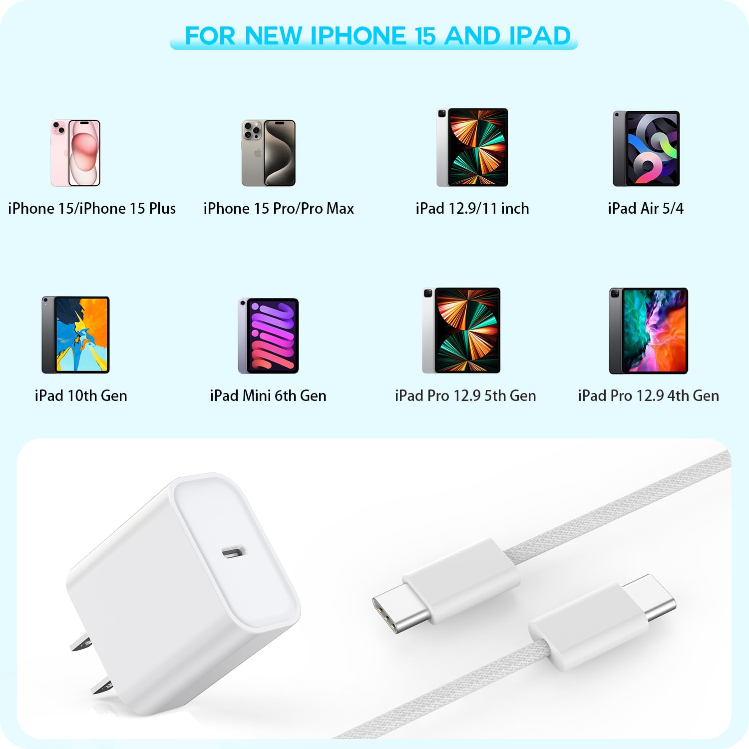 10FT Woven Cable for Apple 16 15, 60W 10Foot USB C to Type C Braided Charger Cable Cord & 20W USB C Charger Block Cube Travel Plug Super Quick Charging for iPhone 16 15/16 15 Plus/Pro/Pro Max,iPad Pro