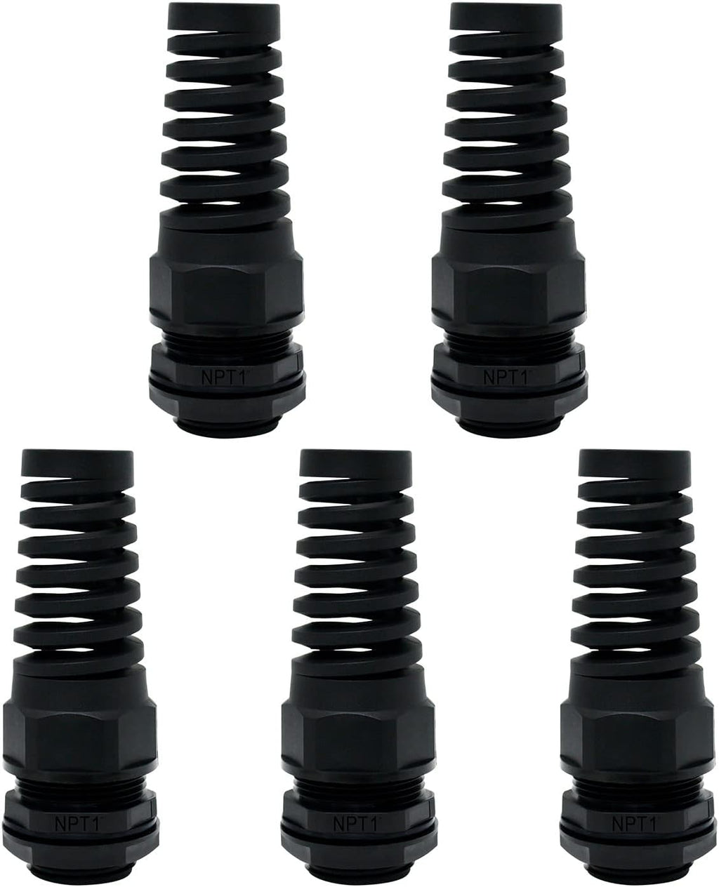 LeMotech 5Pcs NPT 1" IP68 Waterproof Cable Gland Flex Spiral Strain Relief Black Nylon Joint with Gaskets for 18-25mm Wire Thread