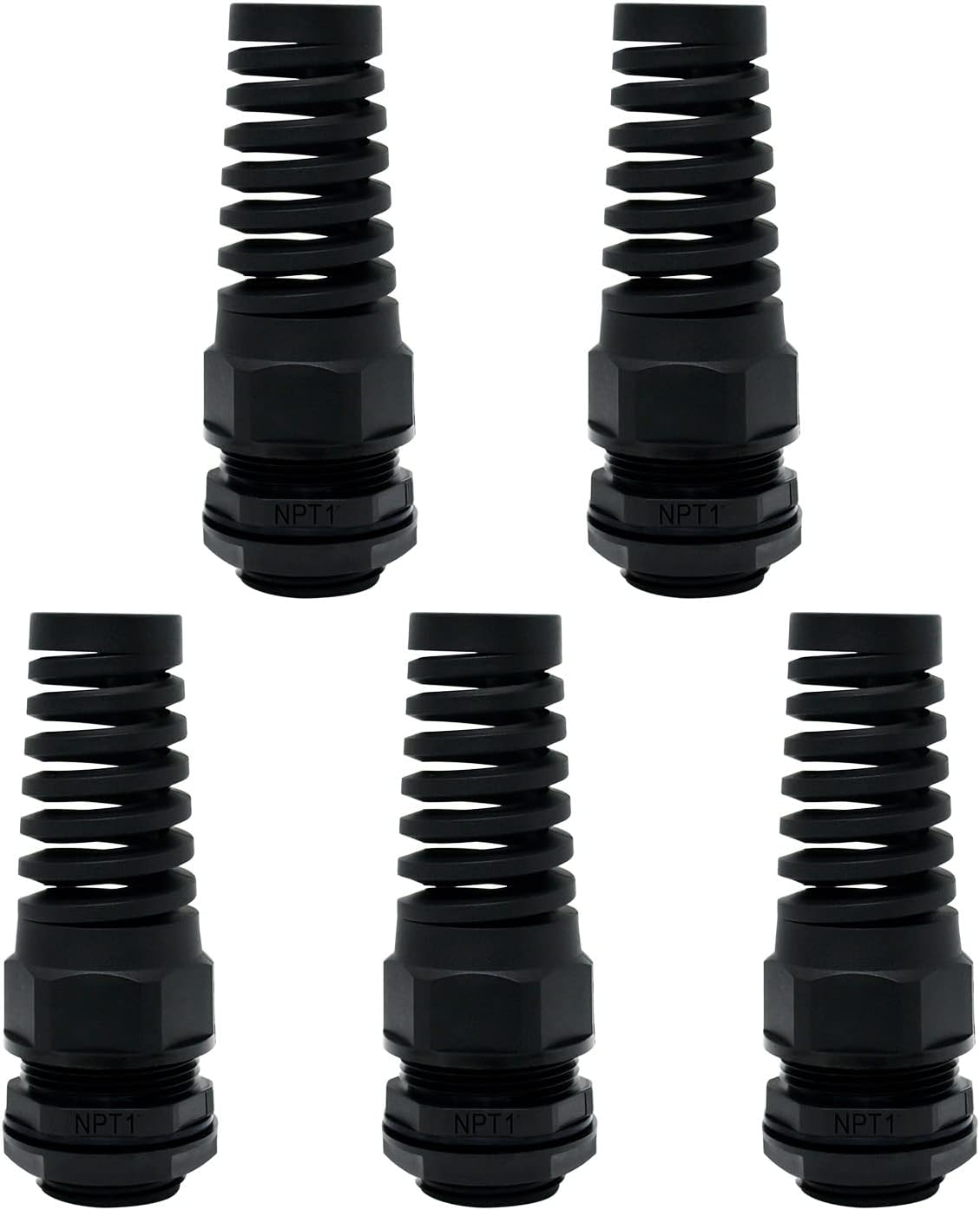 LeMotech 5Pcs NPT 1" IP68 Waterproof Cable Gland Flex Spiral Strain Relief Black Nylon Joint with Gaskets for 18-25mm Wire Thread