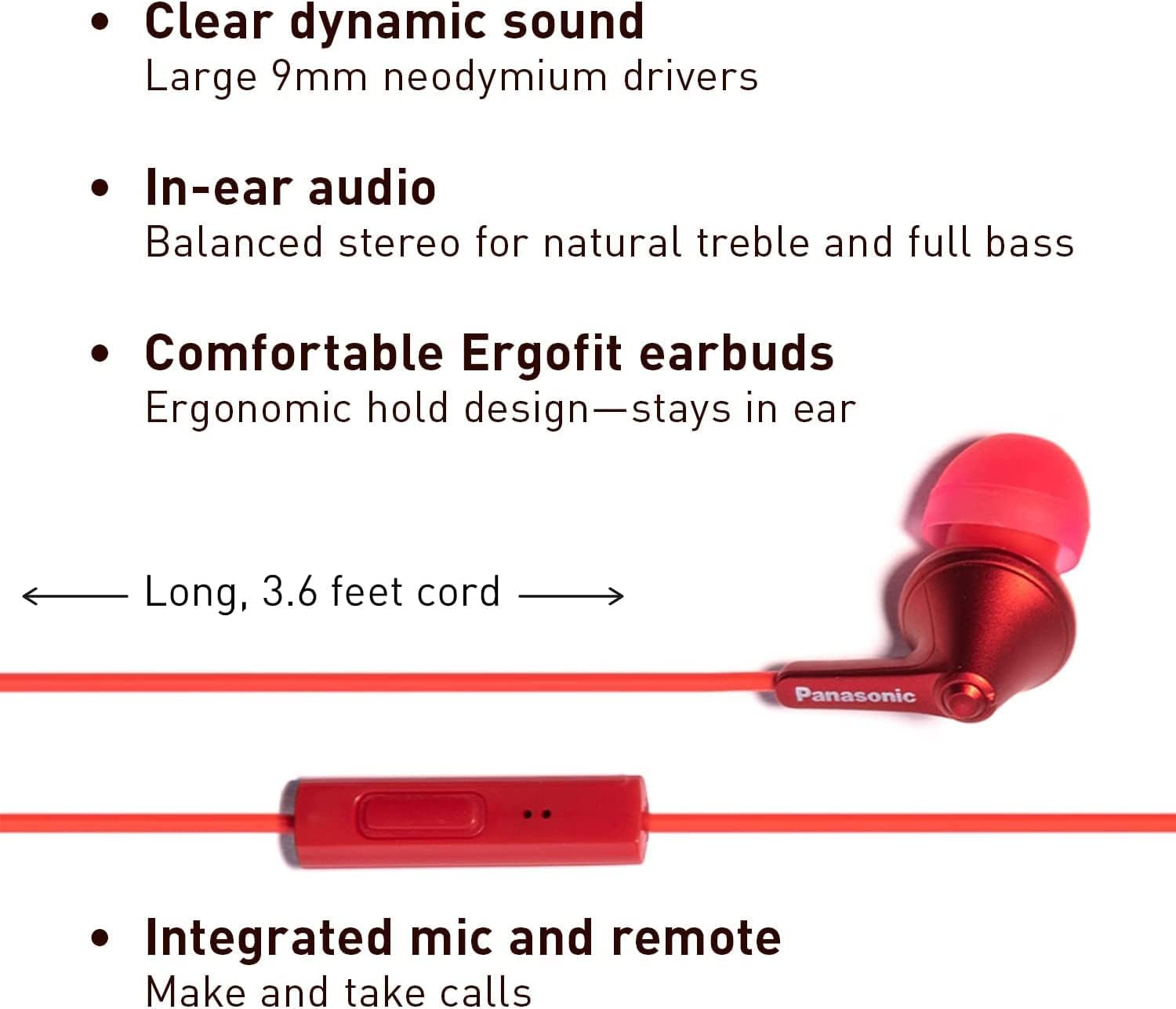 Panasonic ErgoFit Wired Earbuds with Microphone, 3.5mm Jack Headphones with Mic and Call Controller, Ergonomic Custom-Fit Earpieces (S/M/L), for Phones and Laptops - RP-TCM125-R (Red)