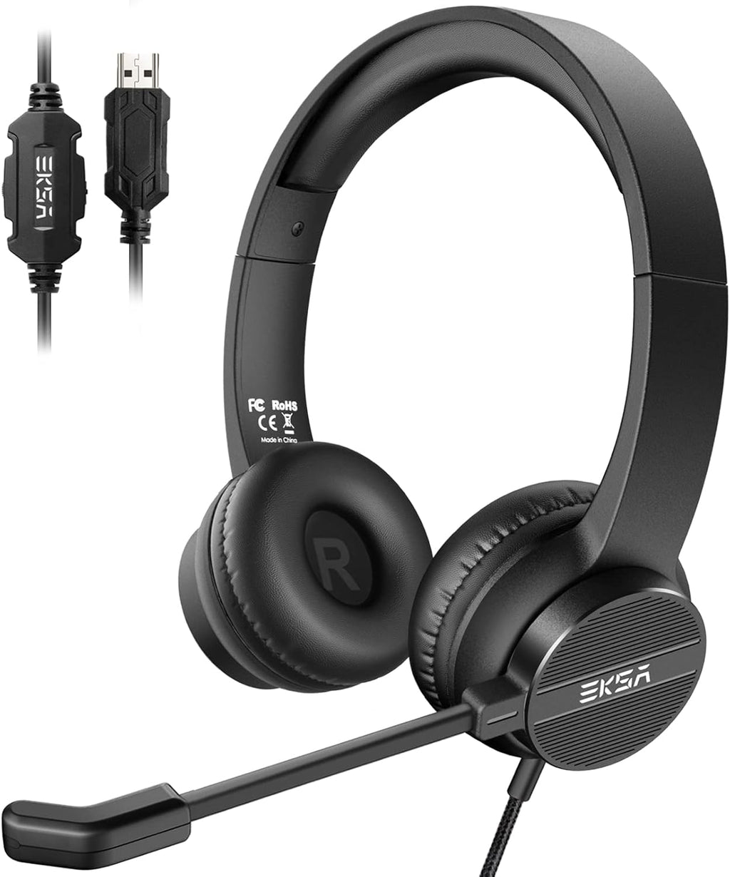 USB Headset with Microphone for PC Laptop, Wired Computer Headset Environmental Noise Canceling Headphones with Mic Mute & Volume Control, On Ear Lightweight Comfort for Work, Office/Call Center/Skype