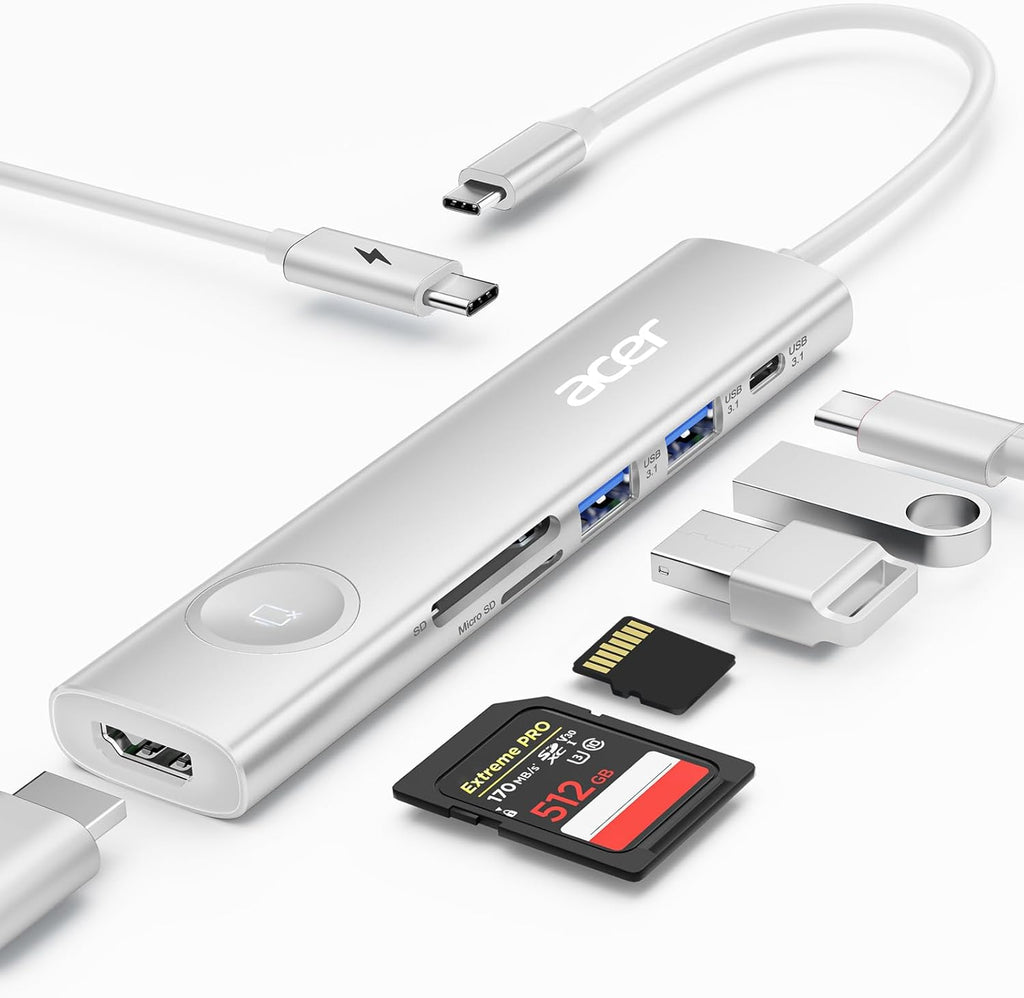 Acer USB C HUB Multiport Adapter, 7 in 1 USB-C to HDMI Adapter with 4K@60Hz, 100W PD, 5Gbps 2*USB-A 3.1, 1*Type-C 3.1, SD Card Reader Type C Dongle for iPhone 16/15, MacBook Pro/air, iPad, Acer