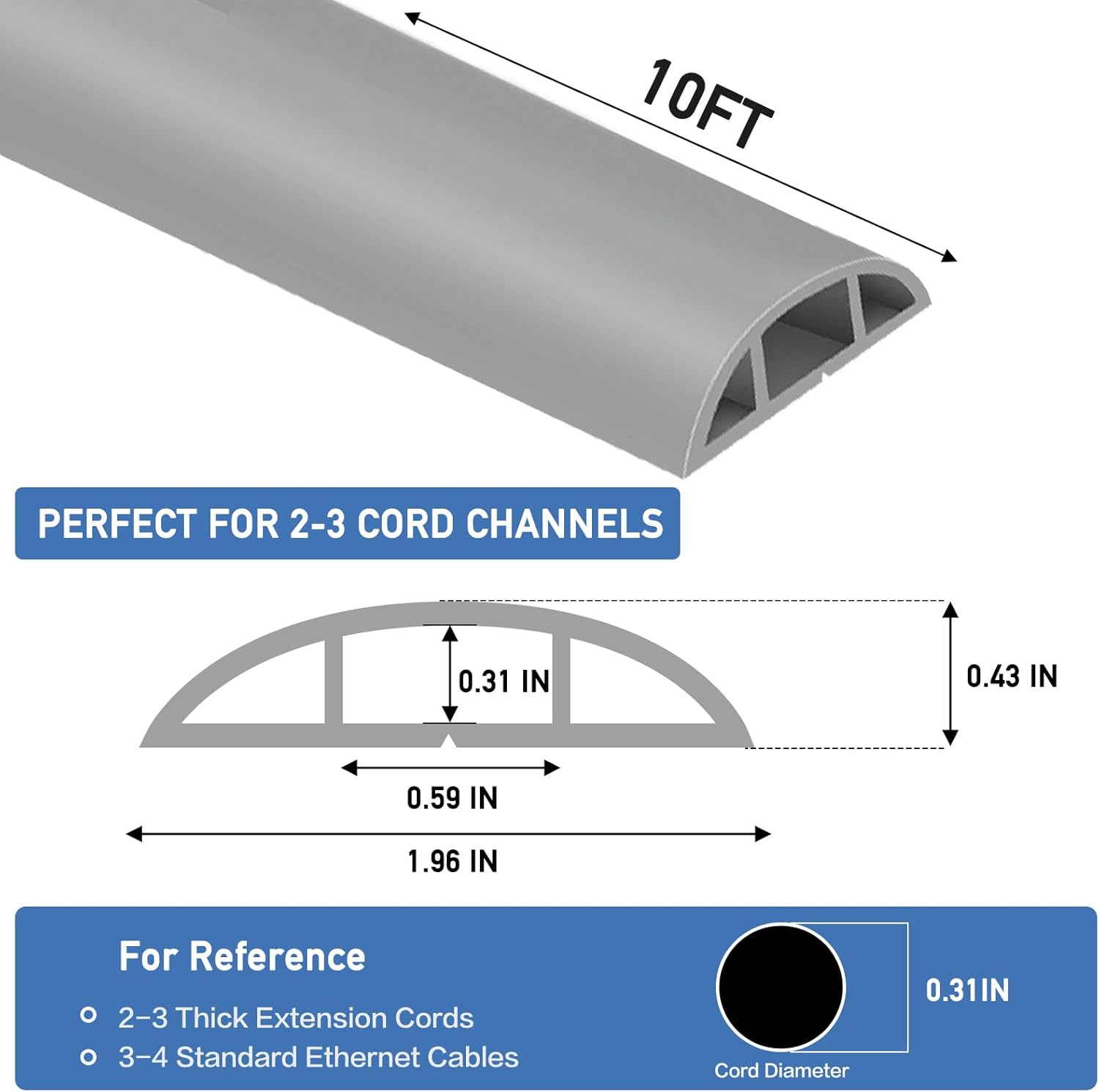 Floor Cord Cover Self Adhesive Cord Hider Floor Extension Cord Covers for Floor Power Cord Protector Cable Management Prevent Cable Trips Cable Cavity 0.59" W x 0.31" H (Grey, 10Ft)