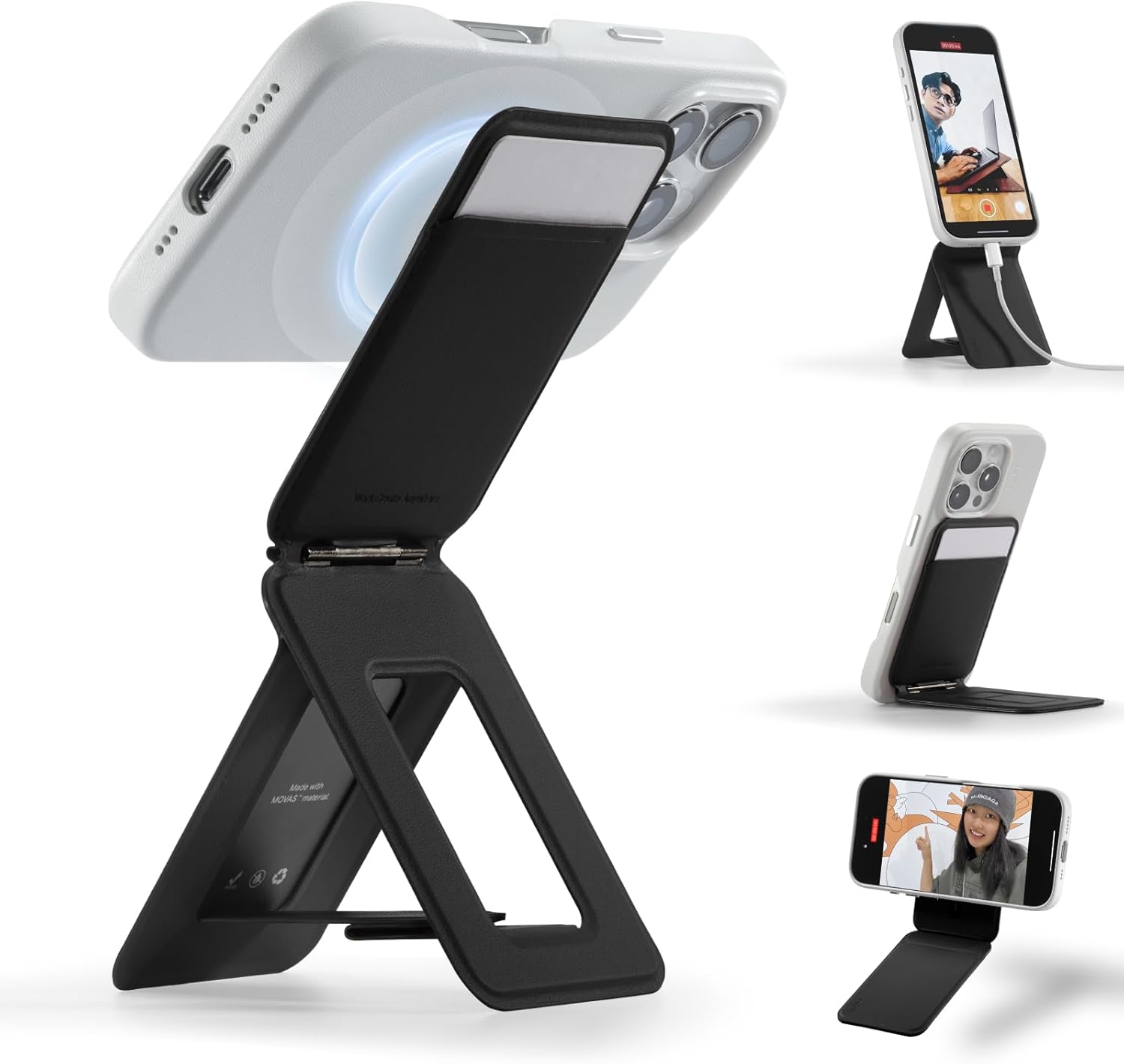 MOFT Phone Tripod Wallet for iPhone, Mulit-Angles, Lightweight & Portable Phone Stand, MOVAS Vegan Leather Magnetic Wallet, Strong Magnets, NFC Card Holder,Travel Essential, Jet Black (With Card Slot)